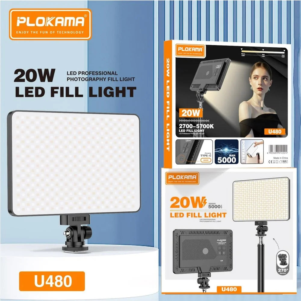 Plokama U480 LED Fill Light “Rechargeable” – 20W | 5000mAh Battery | 2700K–5700K - Touseef Electronics