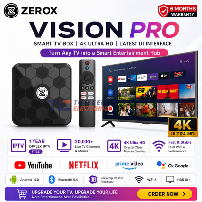 Zerox Vision Pro Android 14 TV Box – 2GB/16GB | RK3518 | Fastest | 6 Months Warranty