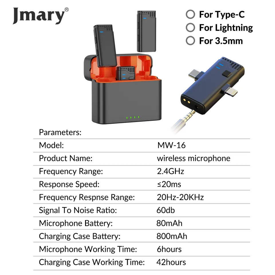 Jmary MW-16 Dual Wireless Microphone – Type-C, Lightning & DSLR Compatible (Noise Cancelation) - Touseef Electronics