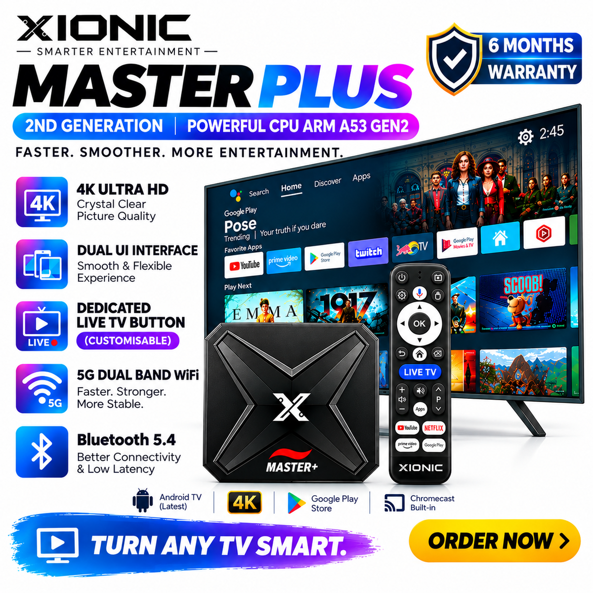 XIONIC Master Plus Gen 2 Android 14 TV Box – 2GB/16GB | Powerful CPU ARM A53 Gen 2 | Dynamic UI | 6 Month Warranty