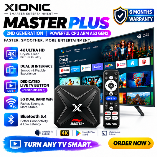 XIONIC Master Plus Gen 2 Android 14 TV Box – 2GB/16GB | Powerful CPU ARM A53 Gen 2 | Dynamic UI | 6 Month Warranty