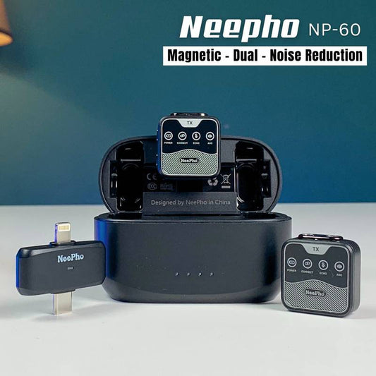 NeePho NP-60 Wireless Dual Microphone with Noise Cancellation – Dual Mic for Android & iPhone | Charging Case | Plug & Play