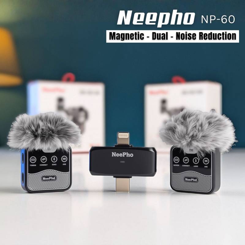 NeePho NP-60 Wireless Dual Microphone with Noise Cancellation – Dual Mic for Android & iPhone | Charging Case | Plug & Play